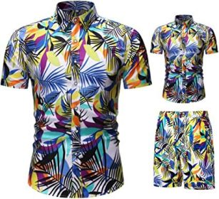 Men's Flower 2 Piece Tracksuit Shirt Casual Hawaiian Short Sleeve Shirts and Pants Suit (Color: 1, size: S)