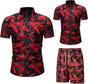 Men's Flower 2 Piece Tracksuit Shirt Casual Hawaiian Short Sleeve Shirts and Pants Suit (Color: 3, size: L)