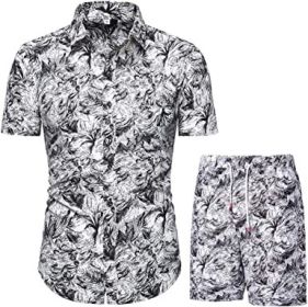 Men's Flower 2 Piece Tracksuit Shirt Casual Hawaiian Short Sleeve Shirts and Pants Suit (Color: 6, size: S)