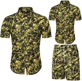 Men's Flower 2 Piece Tracksuit Shirt Casual Hawaiian Short Sleeve Shirts and Pants Suit (Color: 5, size: M)