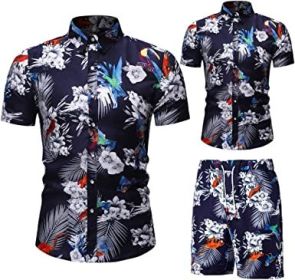 Men's Flower 2 Piece Tracksuit Shirt Casual Hawaiian Short Sleeve Shirts and Pants Suit (Color: 4, size: S)