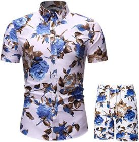 Men's Flower 2 Piece Tracksuit Shirt Casual Hawaiian Short Sleeve Shirts and Pants Suit (Color: 9, size: M)