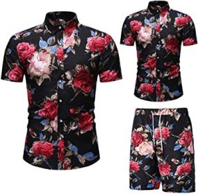 Men's Flower 2 Piece Tracksuit Shirt Casual Hawaiian Short Sleeve Shirts and Pants Suit (Color: 7, size: M)