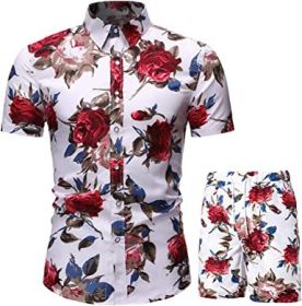 Men's Flower 2 Piece Tracksuit Shirt Casual Hawaiian Short Sleeve Shirts and Pants Suit (Color: 8, size: L)