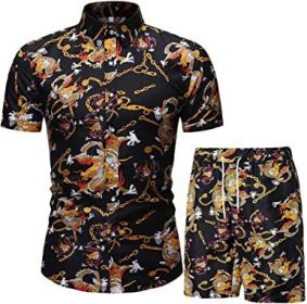 Men's Flower 2 Piece Tracksuit Shirt Casual Hawaiian Short Sleeve Shirts and Pants Suit (Color: 2, size: L)