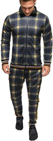 Men's 2 Pieces Tracksuits Jacket and Pants Casual Full Zip Running Jogging Athletic Plaid Sports Sweatsuits (Color: BLACK, size: L)