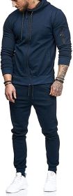 Men's 2 Pieces Tracksuits Running Jogging Athletic Casual Outfits Suit Solid Full Zip Sports Hooded Pants Sweatsuits (Color: Navy, size: XL)