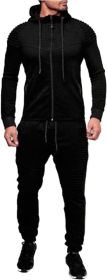 Men's 2 Pieces Tracksuits Running Jogging Athletic Casual Outfits Suit Solid Full Zip Sports Hooded Pants Sweatsuits (Color: BLACK, size: S)