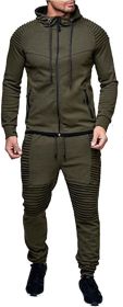 Men's 2 Pieces Tracksuits Running Jogging Athletic Casual Outfits Suit Solid Full Zip Sports Hooded Pants Sweatsuits (Color: Army Green, size: S)