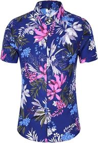 Men's Hawaiian Floral Short Sleeve Shirt Casual Flower Button Down Slim Fit Shirts (Color: Purple, size: XXL)