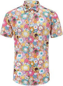 Men's Hawaiian Floral Short Sleeve Shirt Casual Flower Button Down Slim Fit Shirts (Color: Pink, size: L)