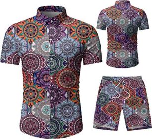 Men's 2 Piece Tracksuit Shirt Flower Casual Button Down Short Sleeve Shirts and Pants Suit (Color: 1, size: XXL)