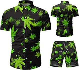 Men's 2 Piece Tracksuit Shirt Flower Casual Button Down Short Sleeve Shirts and Pants Suit (Color: 2, size: XXL)