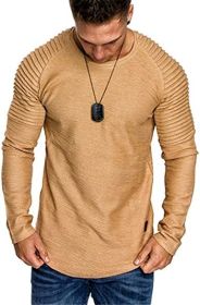 Men' s Long Sleeve Casual Shirts Solid Color Casual Top Stitching Stylish Dress Round Neck Slim Fit Male Shirts (Color: Brown, size: M)