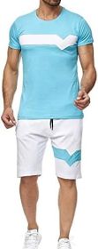 Men's Splicing 2 Piece Tracksuits Casual Short Sleeve Shirts and Shorts Suits (Color: Blue, size: XL)