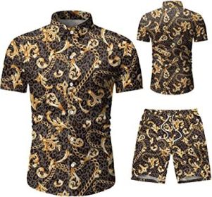 Men's 2 Piece Tracksuit Shirt Flower Casual Button Down Short Sleeve Shirts and Pants Suit (Color: 7, size: XXL)