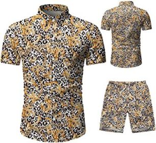 Men's 2 Piece Tracksuit Shirt Flower Casual Button Down Short Sleeve Shirts and Pants Suit (Color: 6, size: XL)