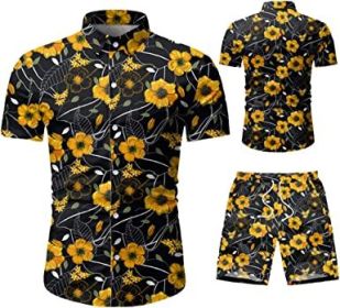 Men's 2 Piece Tracksuit Shirt Flower Casual Button Down Short Sleeve Shirts and Pants Suit (Color: 10, size: 3XL)