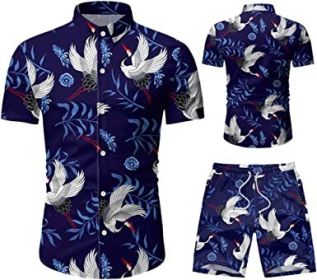 Men's 2 Piece Tracksuit Shirt Flower Casual Button Down Short Sleeve Shirts and Pants Suit (Color: 5, size: XXL)