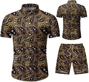 Men's 2 Piece Tracksuit Shirt Flower Casual Button Down Short Sleeve Shirts and Pants Suit (Color: 3, size: M)