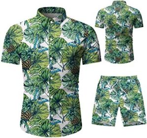 Men's 2 Piece Tracksuit Shirt Flower Casual Button Down Short Sleeve Shirts and Pants Suit (Color: 8, size: 3XL)