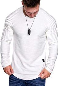 Men' s Long Sleeve Casual Shirts Solid Color Casual Top Stitching Stylish Dress Round Neck Slim Fit Male Shirts (Color: White, size: XL)