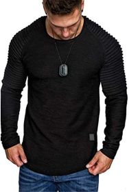 Men' s Long Sleeve Casual Shirts Solid Color Casual Top Stitching Stylish Dress Round Neck Slim Fit Male Shirts (Color: BLACK, size: XL)