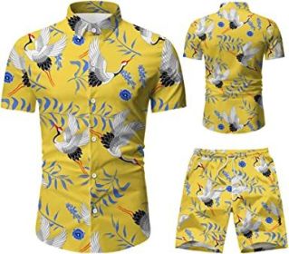 Men's 2 Piece Tracksuit Shirt Flower Casual Button Down Short Sleeve Shirts and Pants Suit (Color: 4, size: 3XL)