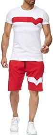 Men's Splicing 2 Piece Tracksuits Casual Short Sleeve Shirts and Shorts Suits (Color: Red, size: L)