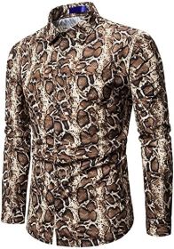 Snakeskin Long Sleeve Shirts Men's Casual Print Disco Button Down Shirt (Color: 2, size: L)