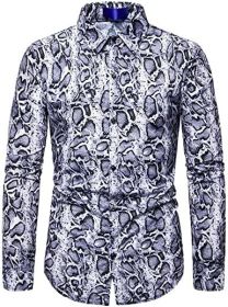 Snakeskin Long Sleeve Shirts Men's Casual Print Disco Button Down Shirt (Color: 3, size: L)