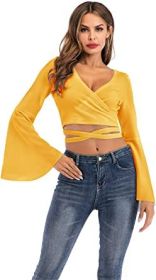 Women's Sexy Tie Up Crop Top Ladies Flared Sleeve Deep V Neck Casual Basic T Shirt (Color: YELLOW-XL)