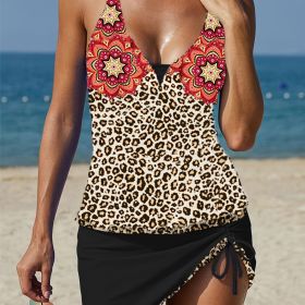 Leopard Floral Print Patchwork Tankini, Drawstring V Neck High Strech Color Block Swimsuit, 2 Piece Set, Women's Swimwear & Clothing (Color: Multicolor, size: XL(12))