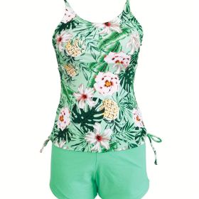 Floral & Plant All Over Print Drawstring Side Tank Top Solid Color Boxer Short Two Piece Tankini Sets Swimsuit, Women's Swimwear (Color: Light Green, size: L(8/10))