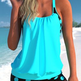 Plus Size Casual Swimsuit Set, Women's Plus Colorblock Dot Print Cut Out Round Neck Cami Top & Shorts Bathing Suit Two Piece Set (Color: Cyan, size: 1XL(14))