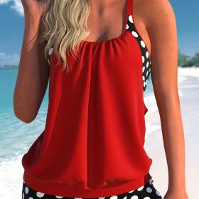 Plus Size Casual Swimsuit Set, Women's Plus Colorblock Dot Print Cut Out Round Neck Cami Top & Shorts Bathing Suit Two Piece Set (Color: Red, size: 1XL(14))