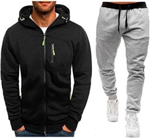 Mens 2 Piece Tracksuit Zipper Cardigan Hoodie Pants Sport Suit Running Jogging Athletic Casual Tracksuit Set (Color: black3, size: S)