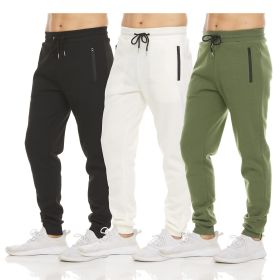 Mens 3 Pack Fleece Active Athletic Workout Jogger Sweatpants (Color: 3pcs black white green, size: L)