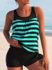 Plus Size Casual Tankini Set, Women's Plus Ribbed Stripe Print High Stretch Tank Top & Shorts Tankini Two Piece Set